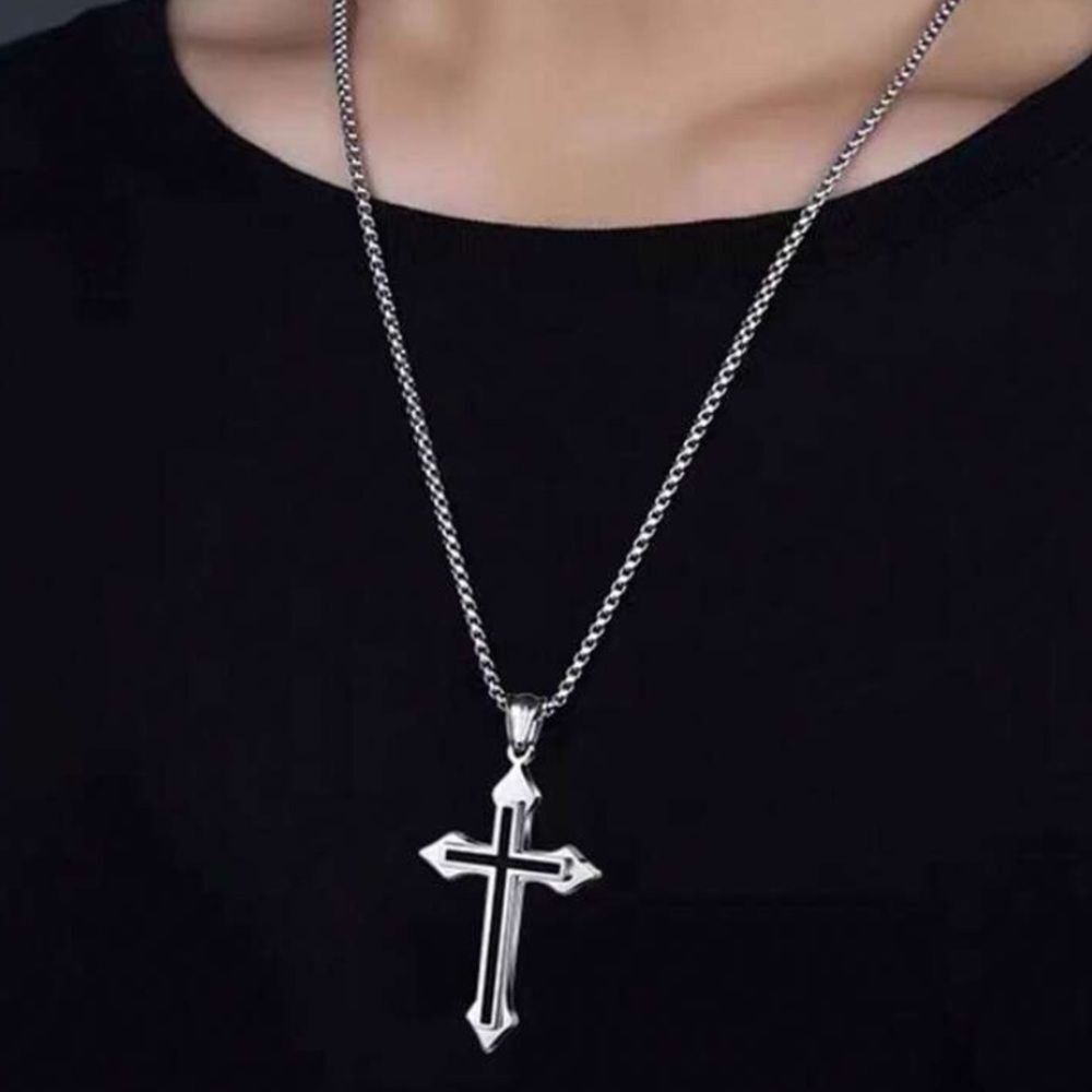 3for$20 1pc Trending Cross Necklace For Men, Stainless Steel Long Sweater Chain